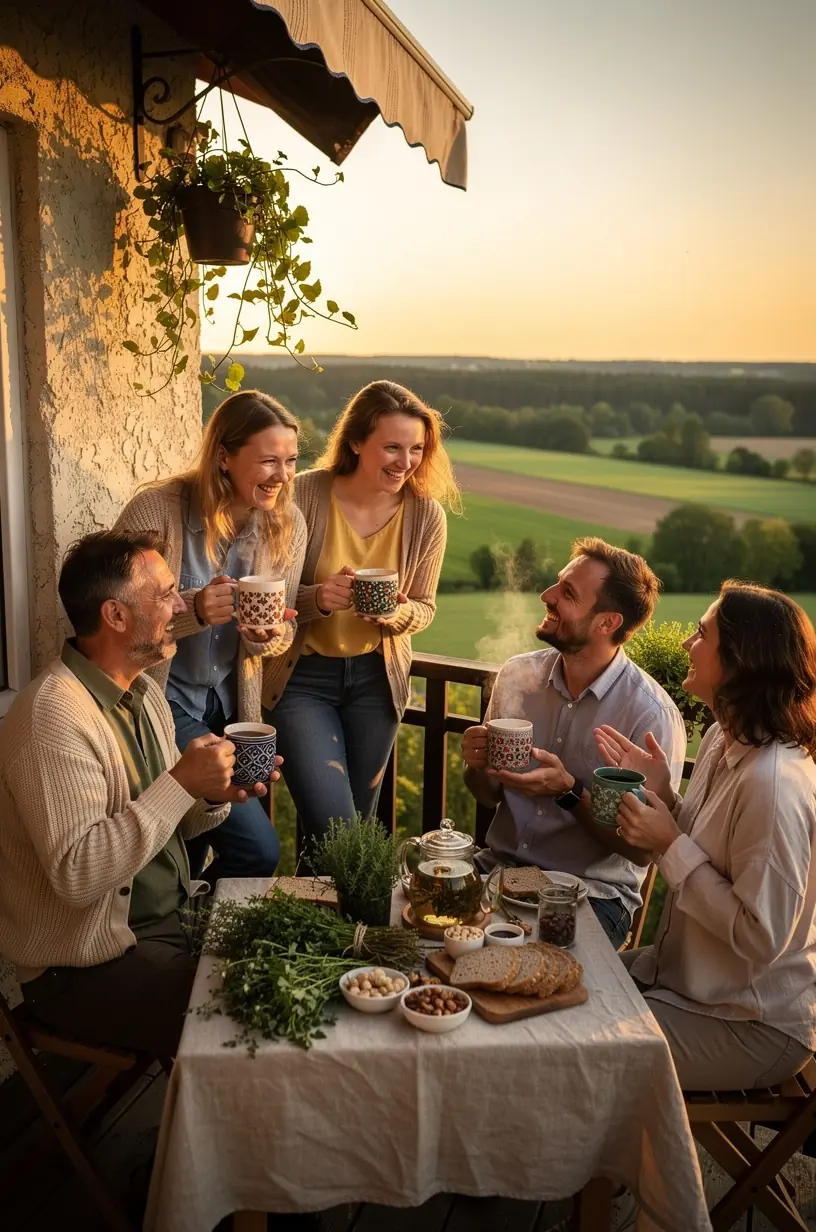Žolelių arbatos paruošimo procesas su užplikytu karštu vandeniu, pabrėžiant sveikatingumo ir ramybės aspektus.
