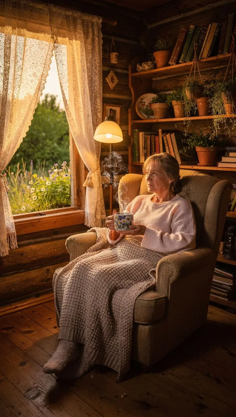 Šilto žolelių arbatos puodelis ant medinio stalo, šalia knygos ir žvakės, skatinantis ramybę vakaro metu.