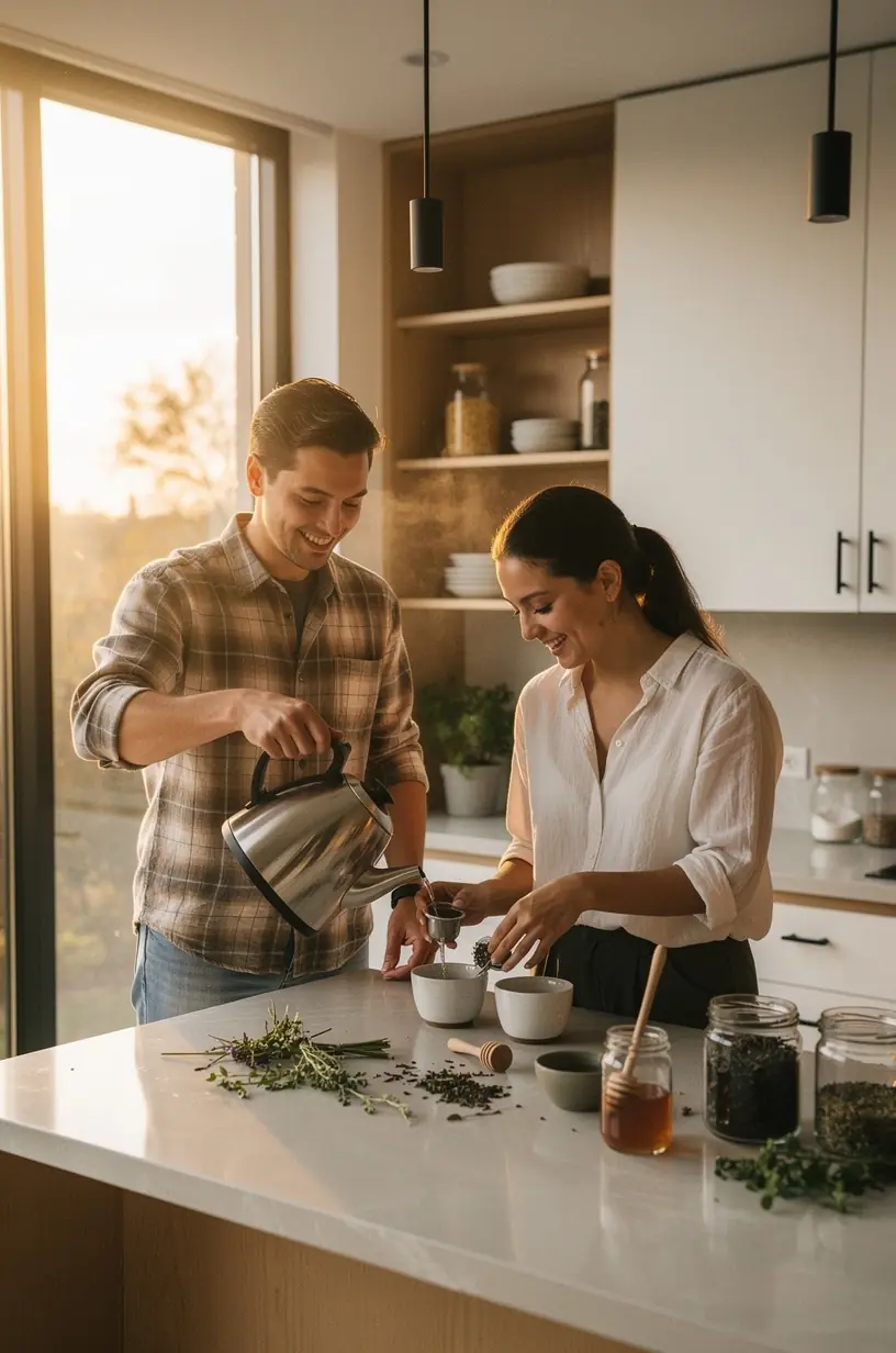 Raminančių žolelių lapų ir žiedų kompozicija ant baltos lininės servetėlės, pabrėžianti natūralų gėrimo šaltinį.