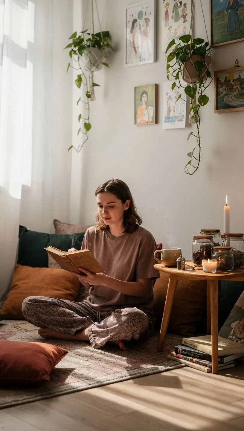 Moters ranka laikanti arbatos puodelį prie lango, kur vakaro šviesa sukuria jaukią namų atmosferą.